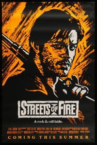 9w732 STREETS OF FIRE advance 1sh '84 Walter Hill, cool orange dayglo Riehm art!