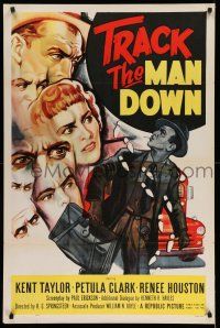 9w776 TRACK THE MAN DOWN 1sh '55 cool art of detective Kent Taylor tracing footsteps, Petula Clark