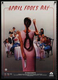 9x355 APRIL FOOLS DAY 23x32 video poster '86 wacky, great image of girl with knife & noose hair!