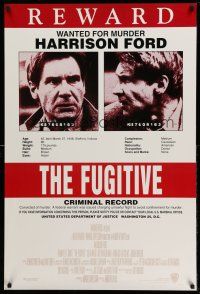 9x836 FUGITIVE REPRODUCTION special '90s Harrison Ford is on the run, cool wanted poster design!