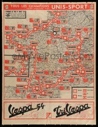 9x572 1954 TOUR DE FRANCE 20x26 French special '54 wonderfully detailed map of the bicycle race!
