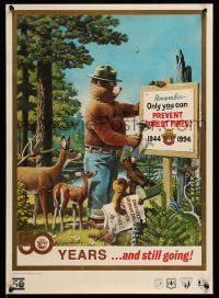 9x592 50 YEARS & STILL GOING 18x25 special '94 cool vintage style art of Smokey the Bear & animals
