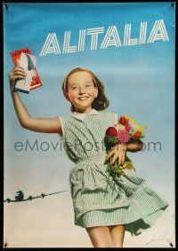 9x006 ALITALIA 28x39 Italian travel poster '50s great image of smiling girl with tickets!