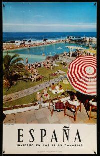 9x011 ESPANA 25x39 Spanish travel poster '60s tourists lounging around pool, Puerto de la Cruz!
