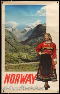 9x015 NORWAY NATURE'S WONDERLAND 25x39 Norwegian travel poster '52 image of beautiful countryside!