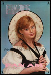 9x049 PAN AM FRANCE 28x42 travel poster '70s close-up of gorgeous French woman in great dress!
