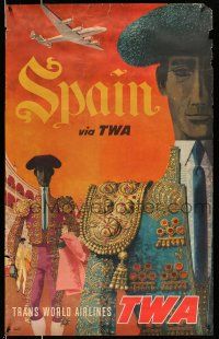 9x052 TWA SPAIN 25x40 travel poster '50s David Klein art of matadors in ring!