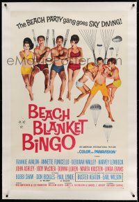 9y014 BEACH BLANKET BINGO linen 1sh '65 Frankie Avalon, Annette Funicello & the gang go sky diving!