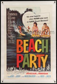 9y015 BEACH PARTY linen 1sh '63 Frankie Avalon & Annette Funicello riding a wave on surf boards!
