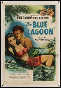 9y026 BLUE LAGOON linen 1sh '49 art of sexy stranded Jean Simmons & Donald Houston!