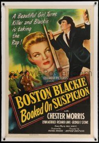 9y027 BOSTON BLACKIE BOOKED ON SUSPICION linen 1sh '45 Chester Morris is taking the rap for killer!