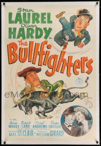 9y030 BULLFIGHTERS linen 1sh '45 wacky cartoon artwork of matador Stan Laurel & Oliver Hardy!