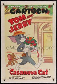 9y039 CASANOVA CAT linen 1sh '51 cartoon art of Tom with bouquet of flowers dragging Jerry behind!