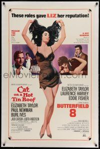 9y044 CAT ON A HOT TIN ROOF/BUTTERFIELD 8 linen 1sh '66 art of sexy Elizabeth Taylor in nightie!