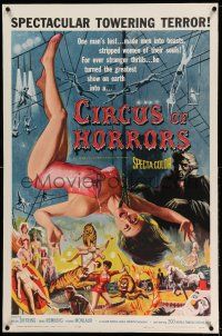 9y046 CIRCUS OF HORRORS linen 1sh '60 outrageous horror art of sexy trapeze girl hanging by neck!