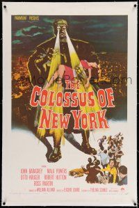 9y049 COLOSSUS OF NEW YORK linen 1sh '58 great art of robot monster holding sexy girl & attacking!