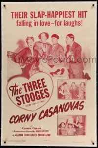 9y050 CORNY CASANOVAS linen 1sh '52 The Three Stooges with Shemp are falling in love for laughs!