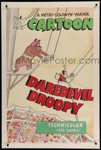 9y057 DAREDEVIL DROOPY linen 1sh '51 Spike & Droopy on the circus flying trapeze, Tex Avery cartoon