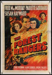 9y074 FOREST RANGERS linen 1sh '42 art of Fred MacMurray, Paulette Goddard & Susan Hayward in blaze!