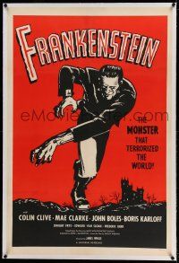 9y075 FRANKENSTEIN linen 1sh R60s great full art of Boris Karloff as the monster, rare red style!