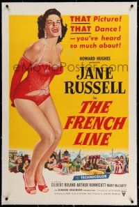 9y078 FRENCH LINE linen 2D 1sh '54 Howard Hughes, art of sexy Jane Russell in skimpy outfit!