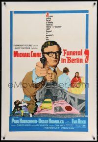 9y080 FUNERAL IN BERLIN linen 1sh '67 art of Michael Caine pointing gun, directed by Guy Hamilton!