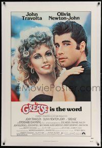9y090 GREASE linen 1sh '78 close up of John Travolta & Olivia Newton-John in classic musical!