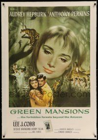 9y094 GREEN MANSIONS linen 1sh '59 art of Audrey Hepburn & Anthony Perkins by Joseph Smith!
