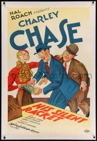 9y099 HIS SILENT RACKET linen 1sh '33 great colorful art of Charley Chase being swindled, Hal Roach!