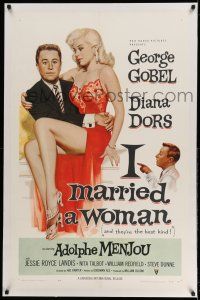 9y106 I MARRIED A WOMAN linen 1sh '58 artwork of sexiest Diana Dors sitting in George Gobel's lap!