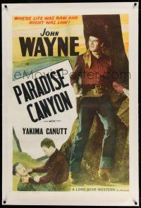 9y113 JOHN WAYNE linen 1sh '40s full-length image of The Duke with gun, Paradise Canyon!