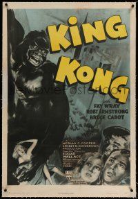 9y117 KING KONG linen 1sh R47 art of the giant ape carrying Fay Wray on Empire State Building, rare!