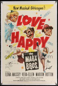 9y134 LOVE HAPPY linen 1sh '49 great art of The Marx Brothers & sexy girls, but no Marilyn Monroe!