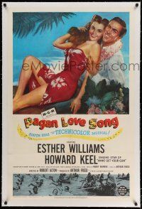 9y172 PAGAN LOVE SONG linen 1sh '50 art of sexy Esther Williams in sarong w/ Howard Keel in Tahiti!