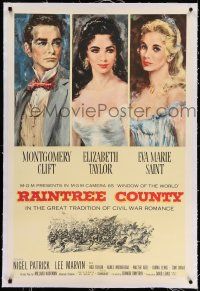 9y182 RAINTREE COUNTY linen 1sh '57 art of Montgomery Clift, Elizabeth Taylor & Eva Marie Saint!