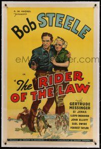 9y189 RIDER OF THE LAW linen 1sh '35 great romantic art of Bob Steele protecting pretty blonde!