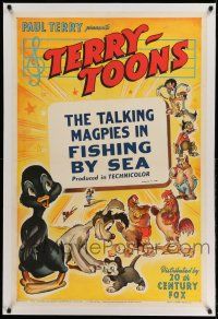 9y221 TERRY-TOONS linen 1sh '47 Fishing by the Sea, cool art of Dinky Duck & other toons!