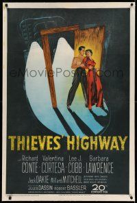 9y226 THIEVES' HIGHWAY linen 1sh '49 art of trucker Richard Conte & Valentina Cortese, Jules Dassin
