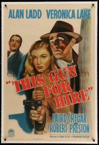9y228 THIS GUN FOR HIRE linen 1sh R45 different art of top-billed Alan Ladd & sexy Veronica Lake!