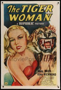 9y233 TIGER WOMAN linen 1sh '45 art of sexy, dangerous & seductive Adele Mara holding tiger head!