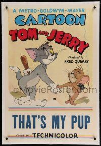 9y236 TOM & JERRY linen 1sh '52 Tom & Jerry hiding weapons behind their back, That's My Pup!