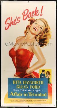9z004 AFFAIR IN TRINIDAD linen 3sh '52 best art of sexiest Rita Hayworth laughing in low-cut dress!