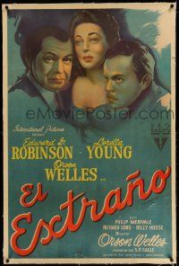 9z107 STRANGER linen Argentinean '46 great art of Orson Welles, Edward G. Robinson & Loretta Young!