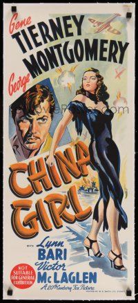 9z097 CHINA GIRL linen Aust daybill '42 art of sexy Gene Tierney & George Montgomery, Ben Hecht!