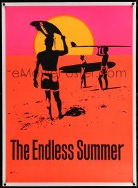 9z076 ENDLESS SUMMER linen dayglo 29x40 commercial poster '67 Bruce Brown surfing classic, cool art