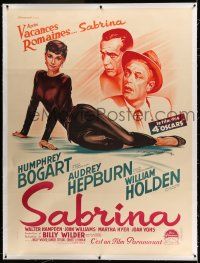 9z057 SABRINA linen French 1p '55 Soubie art of Audrey Hepburn, Humphrey Bogart & Holden, rare!