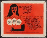 9z071 ONE, TWO, THREE linen 1/2sh '62 Billy Wilder, James Cagney, Saul Bass art of girl w/balloons!