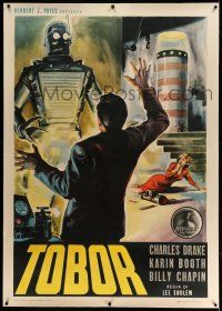 9z047 TOBOR THE GREAT linen Italian 1p '54 different Longi art of the funky robot w/human emotions!