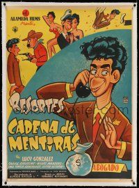 9z099 CADENA DE MENTIRAS linen Mexican poster '55 wacky cartoon art of comedian Resortes by Cabral!