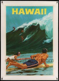 9z086 HAWAII linen 26x37 travel poster '60s cool art of surfers riding a huge wave by Chas Allen!